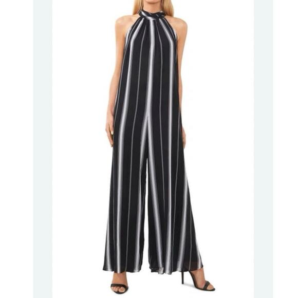 Halogen Wide Leg Halter Neck Black White Striped Flowy Jumpsuit Tie Neck Size XS - Picture 1 of 13